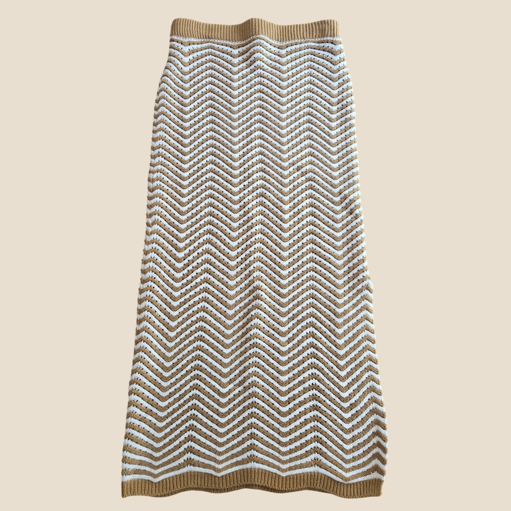 Willow & Wind Mustard Yellow White Chevron‎ Knit Midi Skirt Medium Boho Zigzag